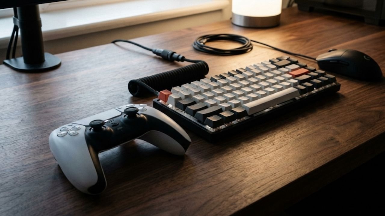 Pilih Mana Rakit PC 10 Juta atau Beli PS5 di 2026 DualSense PS5 bersanding dengan keyboard mouse gaming, simbol kenyamanan vs presisi.