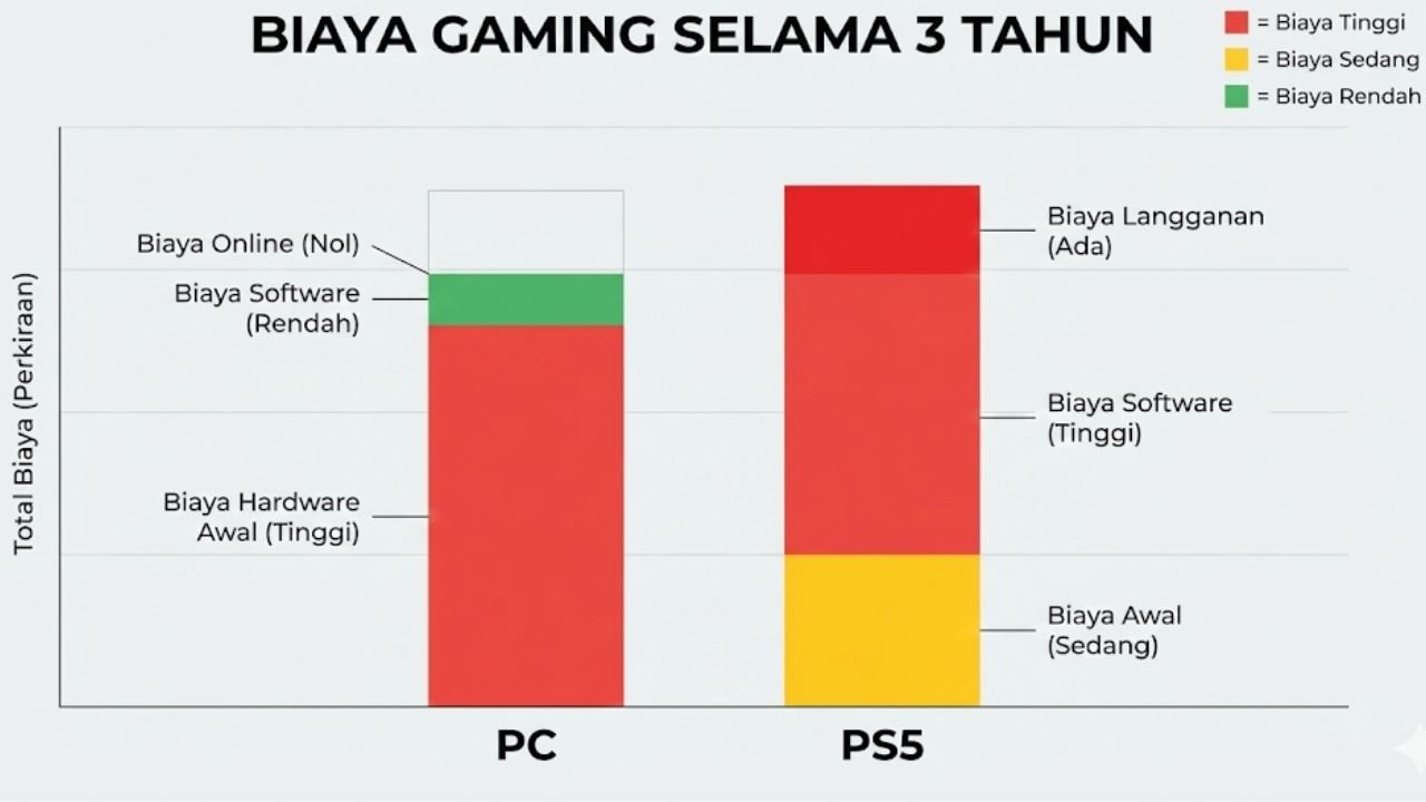 Pilih Mana Rakit PC 10 Juta atau Beli PS5 di 2026 Grafik perbandingan biaya total kepemilikan PC vs PS5 selama 3 tahun.